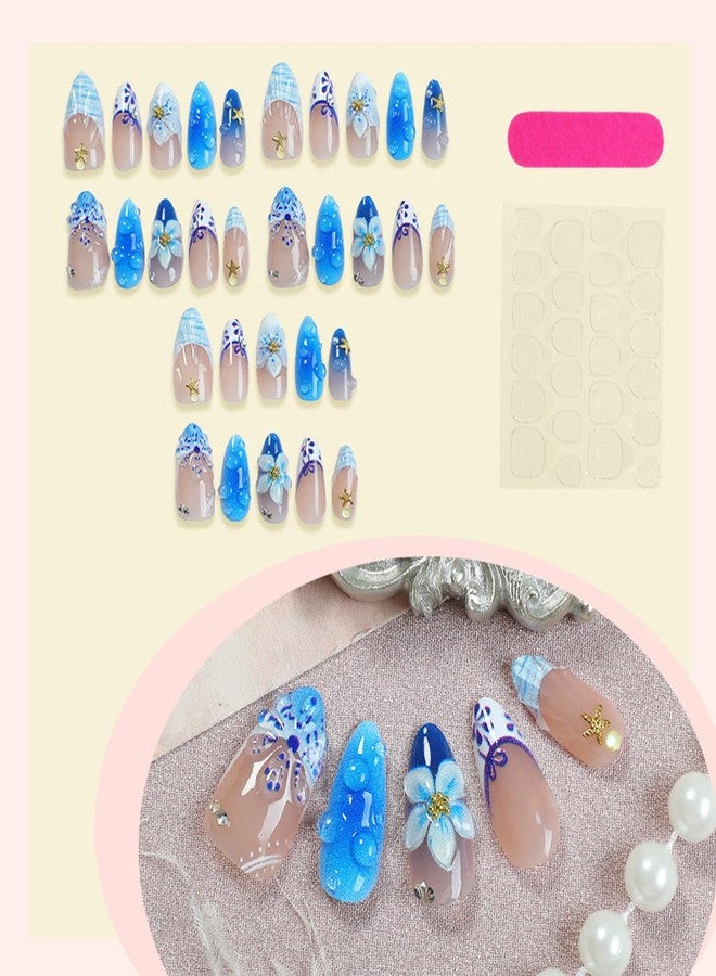 BSBTBZ 30Pcs Blue Flower Press on Nails Medium Almond Summer Beach Fake Nails with 3D Flowers Starfish Design French Nails Cute Stick on Nails Golden Beads Full Cover Manicure False Nail Tips for Women - Image 3